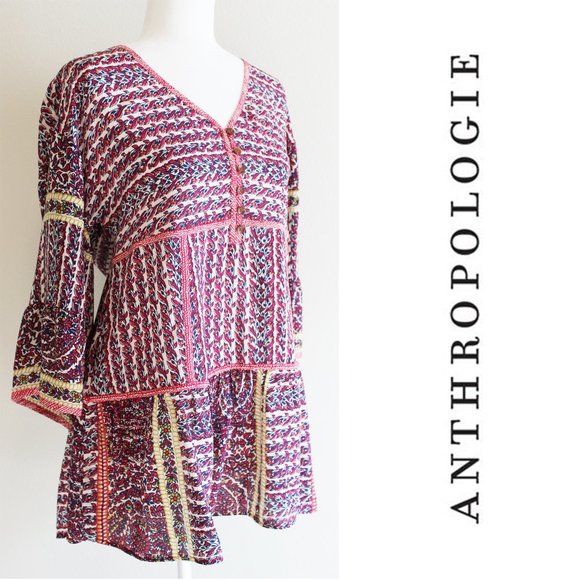 Anthropologie Tops - Anthropologie Maeve 100% Silk Printed Tunic Blouse